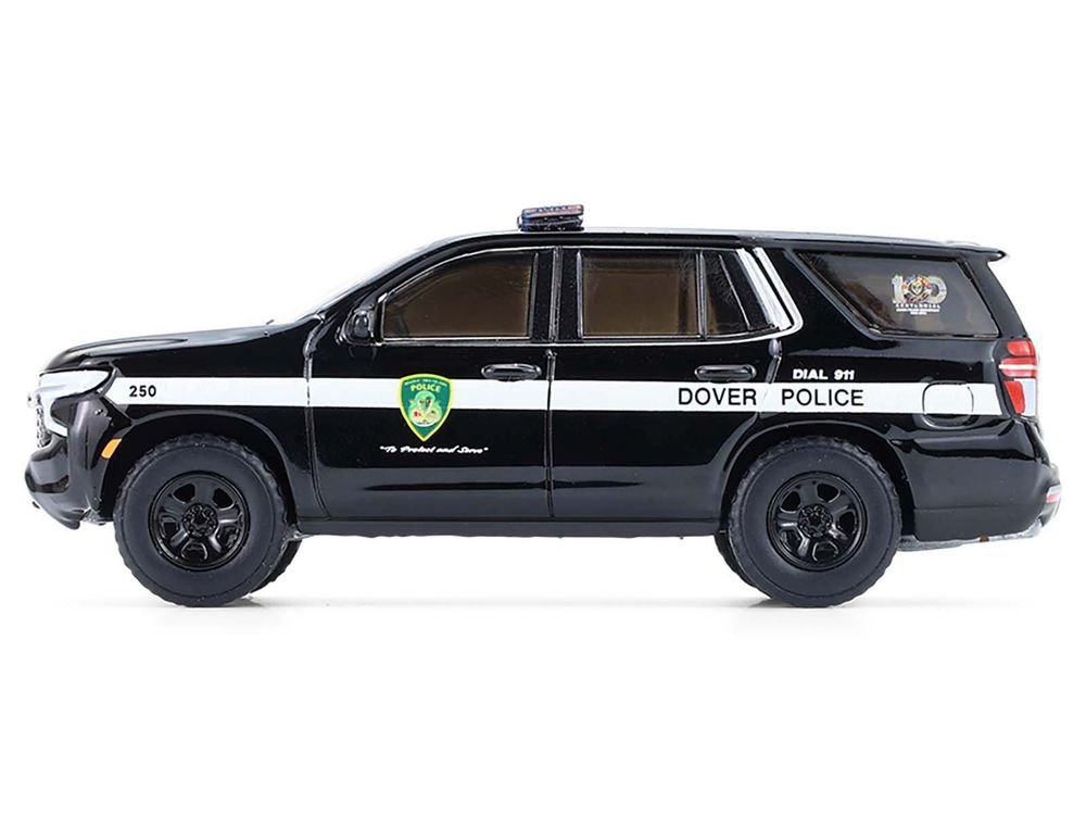 2024 Chevrolet Tahoe Police Pursuit Vehicle "Dover Police – 100th Anniversary Edition" Black with White Stripes "Hobby Exclusive" Series 1/64 Diecast Model Car by Greenlight view 2