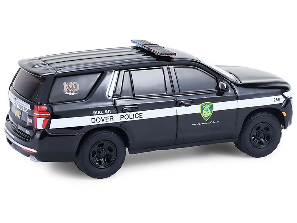 2024 Chevrolet Tahoe Police Pursuit Vehicle "Dover Police – 100th Anniversary Edition" Black with White Stripes "Hobby Exclusive" Series 1/64 Diecast Model Car by Greenlight view 3