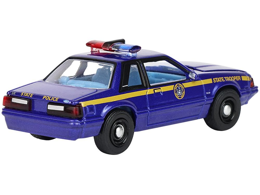 1988 Ford Mustang "New York State Police" Blue with Yellow Stripes and Blue Interior "Hot Pursuit" Series 8 1/64 Diecast Model Car by Greenlight view 3