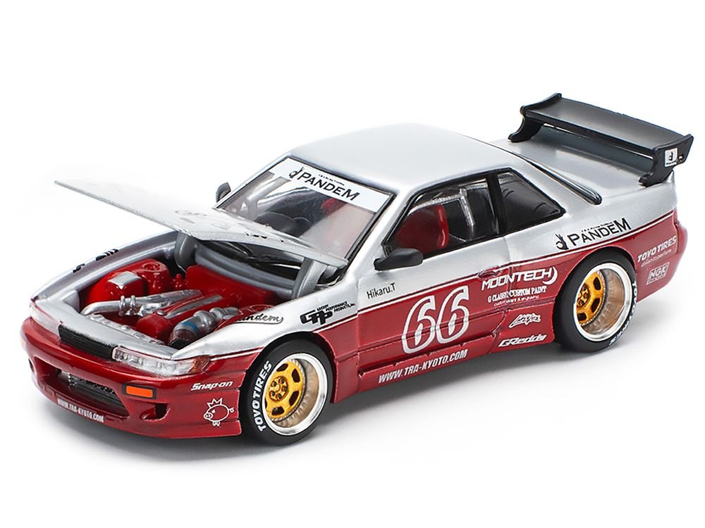 Nissan Pandem S13 RHD (Right Hand Drive) #66 "Moontech" Silver and Red Metallic 1/64 Diecast Model Car by Pop Race view 2