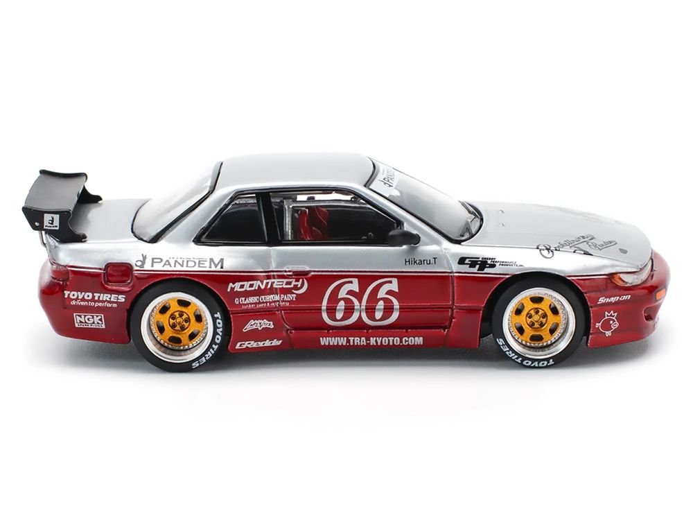 Nissan Pandem S13 RHD (Right Hand Drive) #66 "Moontech" Silver and Red Metallic 1/64 Diecast Model Car by Pop Race view 3