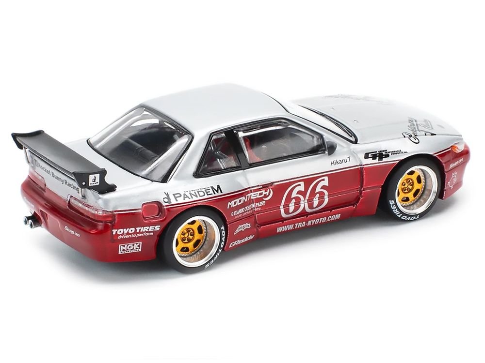 Nissan Pandem S13 RHD (Right Hand Drive) #66 "Moontech" Silver and Red Metallic 1/64 Diecast Model Car by Pop Race view 4