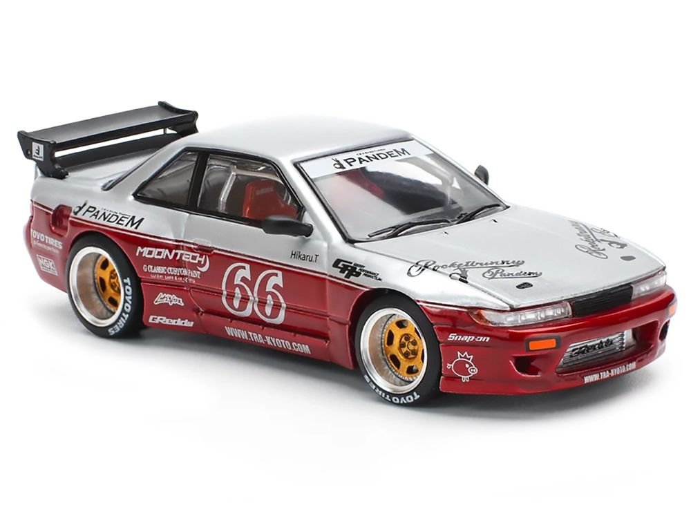 Nissan Pandem S13 RHD (Right Hand Drive) #66 "Moontech" Silver and Red Metallic 1/64 Diecast Model Car by Pop Race view 5