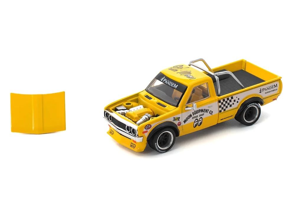 Datsun Pandem 620 Pickup Truck "MoonEyes" Yellow with White Sides and Graphics 1/64 Diecast Model Car by Pop Race view 2