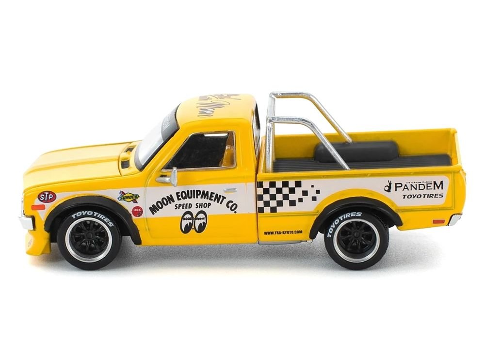 Datsun Pandem 620 Pickup Truck "MoonEyes" Yellow with White Sides and Graphics 1/64 Diecast Model Car by Pop Race view 3