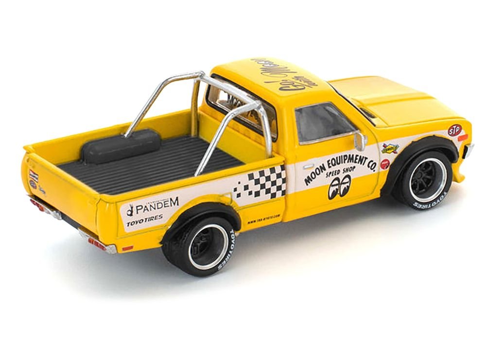 Datsun Pandem 620 Pickup Truck "MoonEyes" Yellow with White Sides and Graphics 1/64 Diecast Model Car by Pop Race view 4