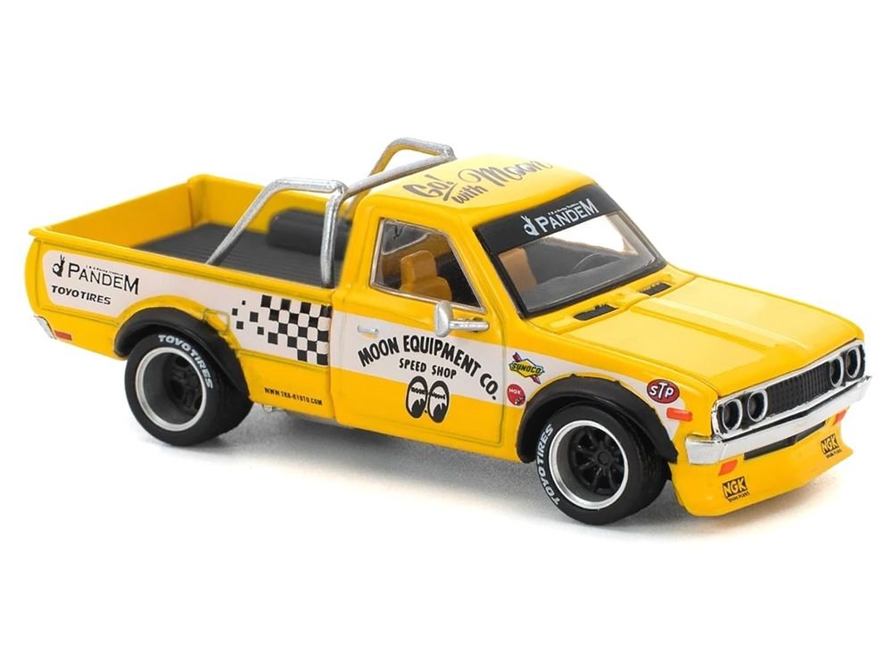 Datsun Pandem 620 Pickup Truck "MoonEyes" Yellow with White Sides and Graphics 1/64 Diecast Model Car by Pop Race view 5