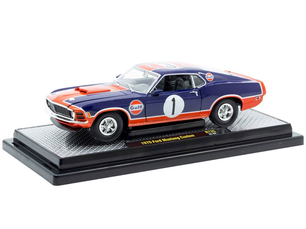 1970 Ford Mustang Custom #1 "Gulf Oil" Dark Blue with Orange Graphics Limited Edition to 7850 pieces Worldwide 1/24 Diecast Model Car by M2 Machines view 2