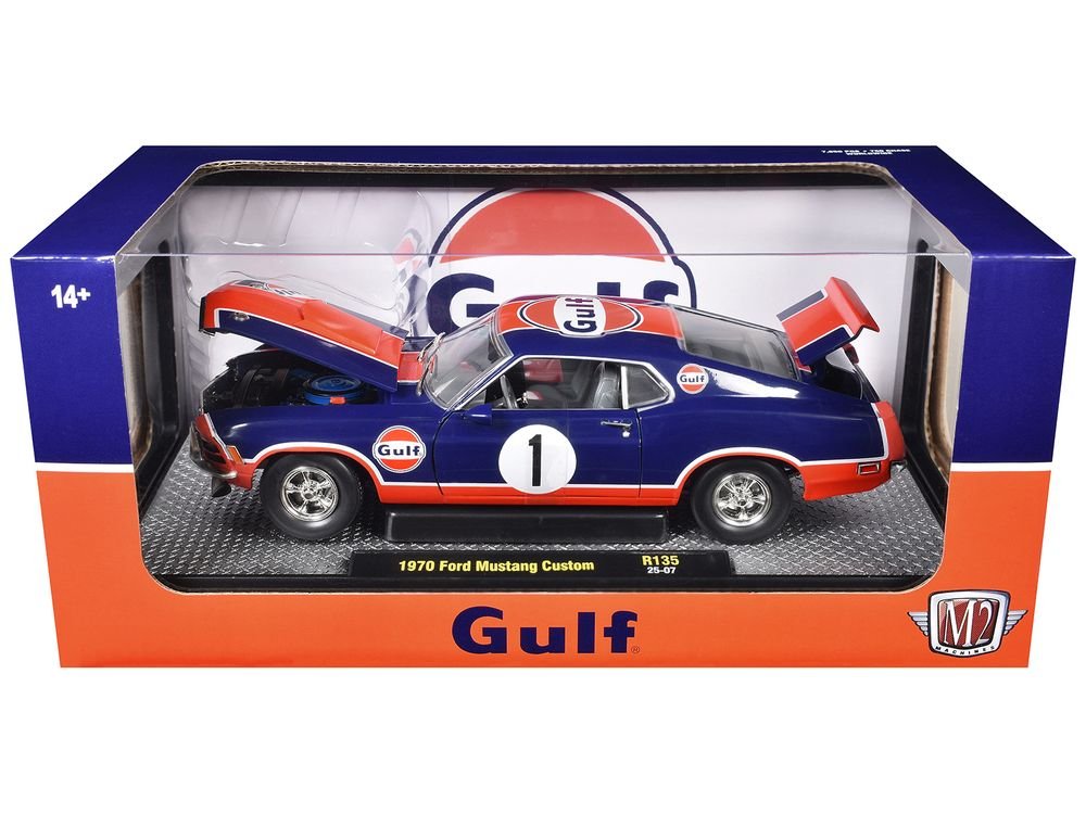 1970 Ford Mustang Custom #1 "Gulf Oil" Dark Blue with Orange Graphics Limited Edition to 7850 pieces Worldwide 1/24 Diecast Model Car by M2 Machines view 3