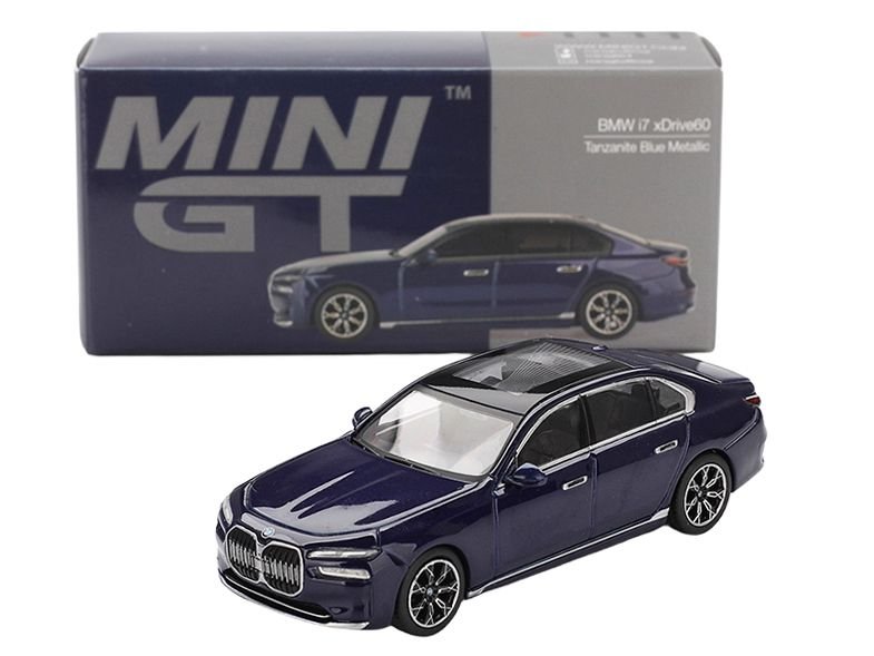 BMW i7 xDrive60 Tanzanite Blue Metallic with Sun Roof Limited Edition 1/64 Diecast Model Car by Mini GT view 4