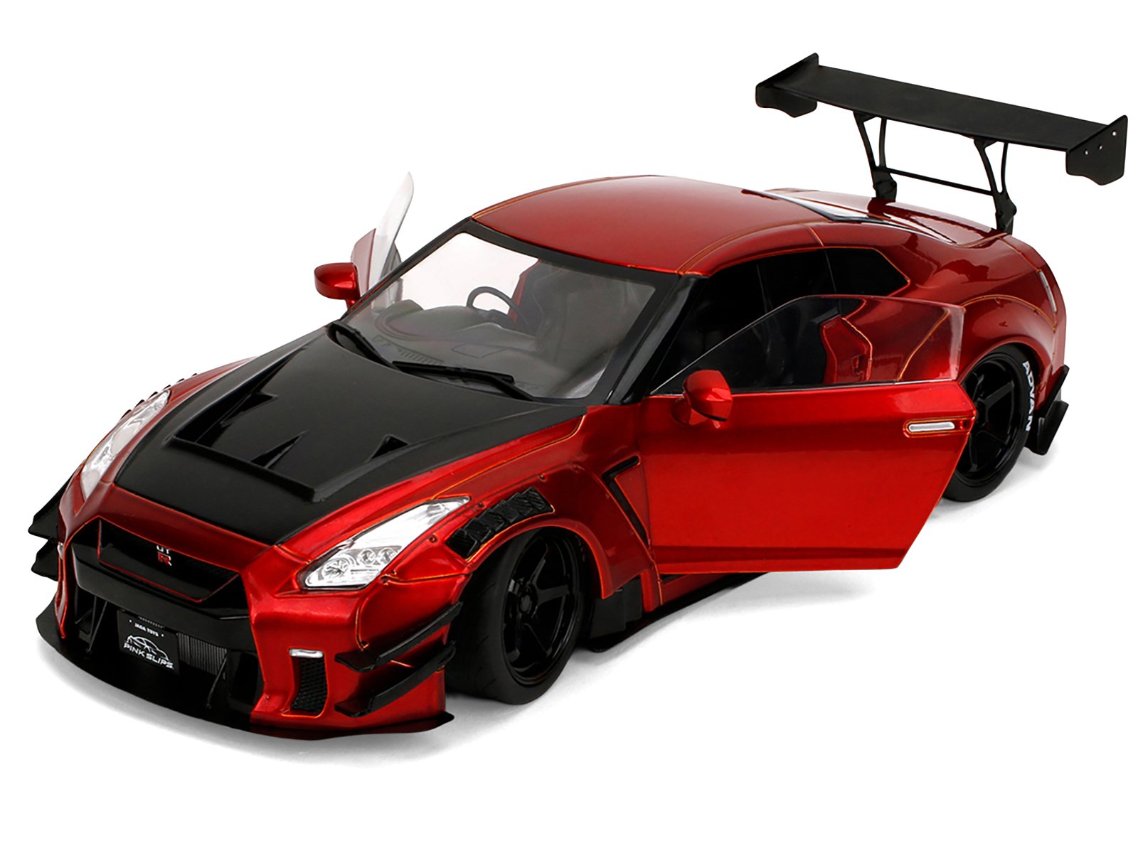 Nissan GT-R (R35) Liberty Walk Body Kit 2.0 RHD (Right Hand Drive) Red Metallic with Carbon Hood "Pink Slips" Series 1/18 Diecast Model Car by Jada view 2
