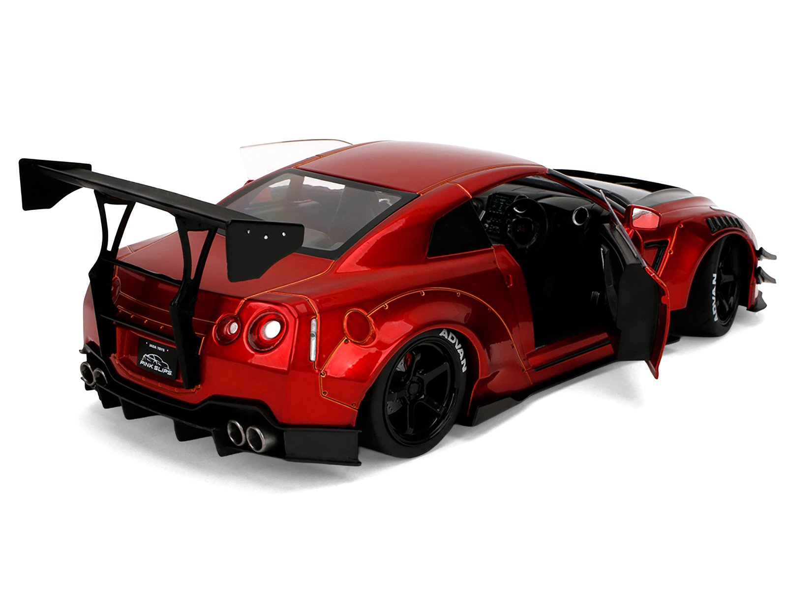 Nissan GT-R (R35) Liberty Walk Body Kit 2.0 RHD (Right Hand Drive) Red Metallic with Carbon Hood "Pink Slips" Series 1/18 Diecast Model Car by Jada view 4