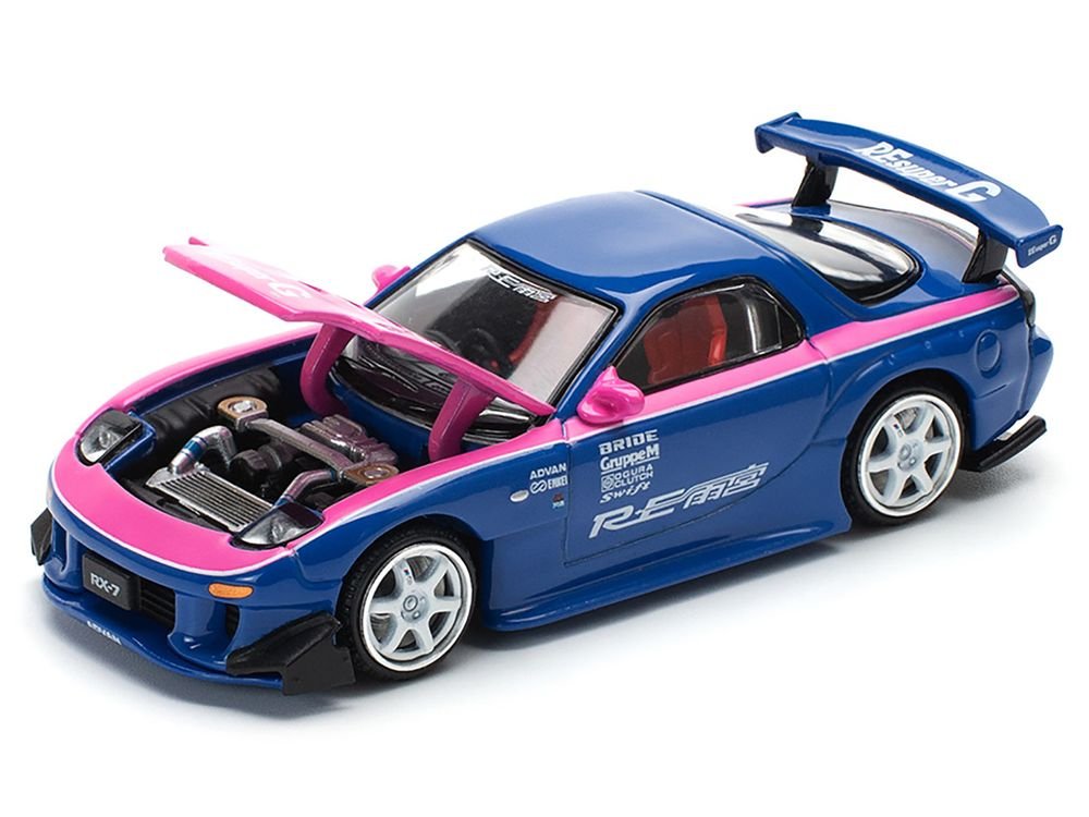 Mazda RX-7 RE-Amemiya Widebody RHD (Right Hand Drive) Blue with Pink Hood and Stripes 1/64 Diecast Model Car by Pop Race view 2