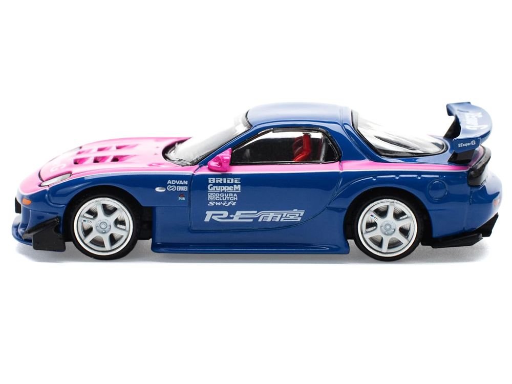 Mazda RX-7 RE-Amemiya Widebody RHD (Right Hand Drive) Blue with Pink Hood and Stripes 1/64 Diecast Model Car by Pop Race view 3