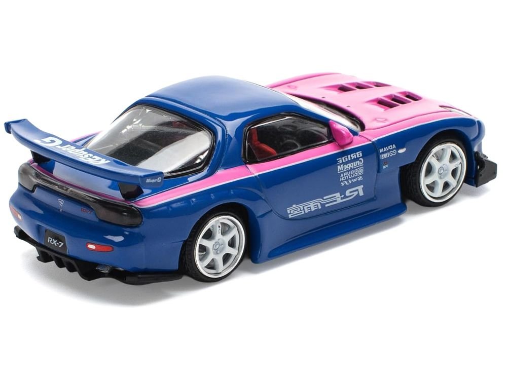 Mazda RX-7 RE-Amemiya Widebody RHD (Right Hand Drive) Blue with Pink Hood and Stripes 1/64 Diecast Model Car by Pop Race view 4