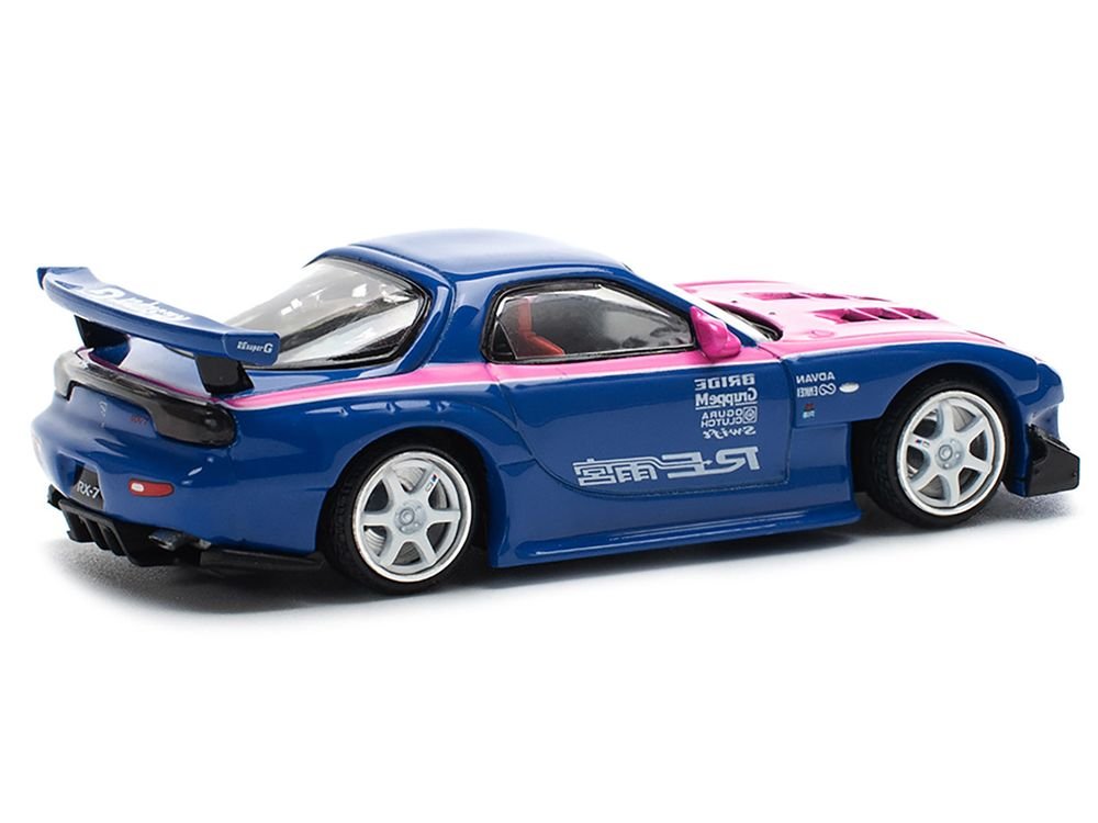 Mazda RX-7 RE-Amemiya Widebody RHD (Right Hand Drive) Blue with Pink Hood and Stripes 1/64 Diecast Model Car by Pop Race view 5