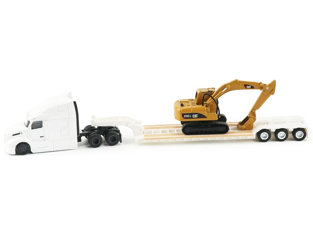 Peterbilt 579 Tractor White with Lowboy Trailer and CAT 315C Excavator Yellow 1/87 (HO) Diecast Model by Diecast Masters view 2