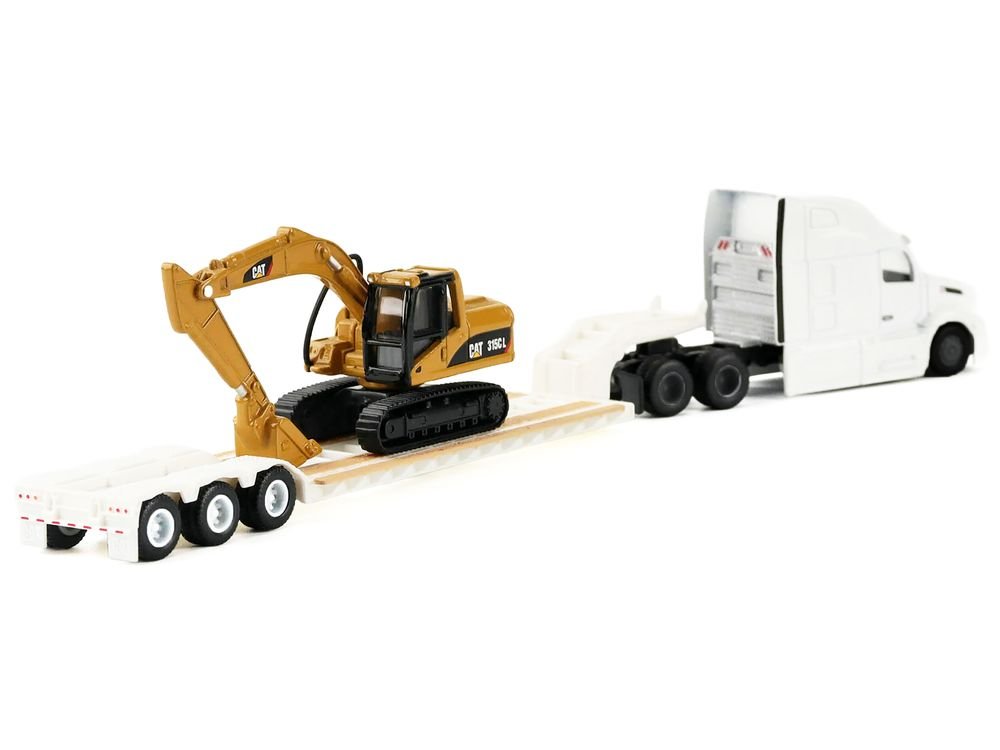 Peterbilt 579 Tractor White with Lowboy Trailer and CAT 315C Excavator Yellow 1/87 (HO) Diecast Model by Diecast Masters view 3