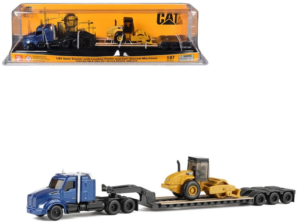 Kenworth T880 Tractor Blue Metallic with Lowboy Trailer and CAT Padfoot Roller Yellow 1/87 (HO) Diecast Model by Diecast Masters