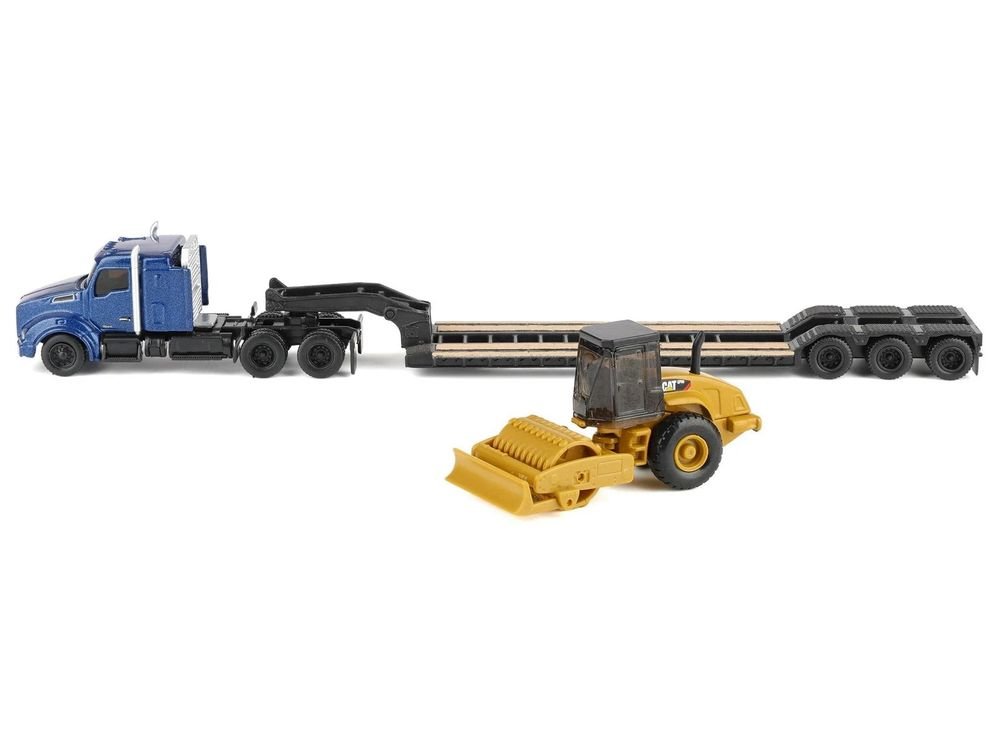 Kenworth T880 Tractor Blue Metallic with Lowboy Trailer and CAT Padfoot Roller Yellow 1/87 (HO) Diecast Model by Diecast Masters view 2