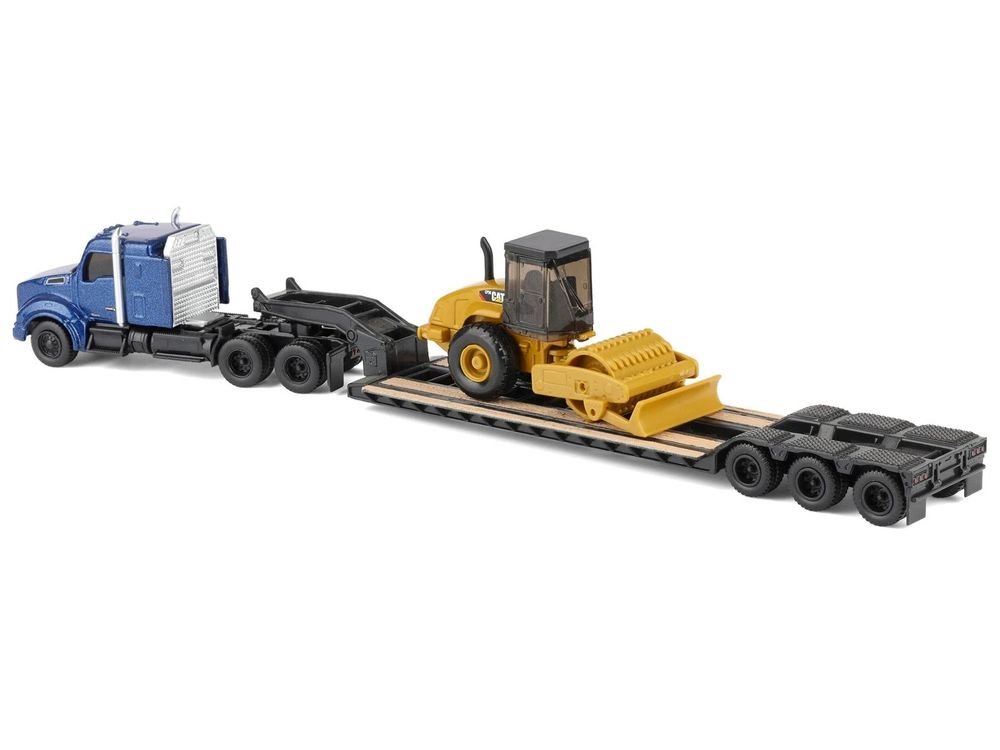 Kenworth T880 Tractor Blue Metallic with Lowboy Trailer and CAT Padfoot Roller Yellow 1/87 (HO) Diecast Model by Diecast Masters view 3