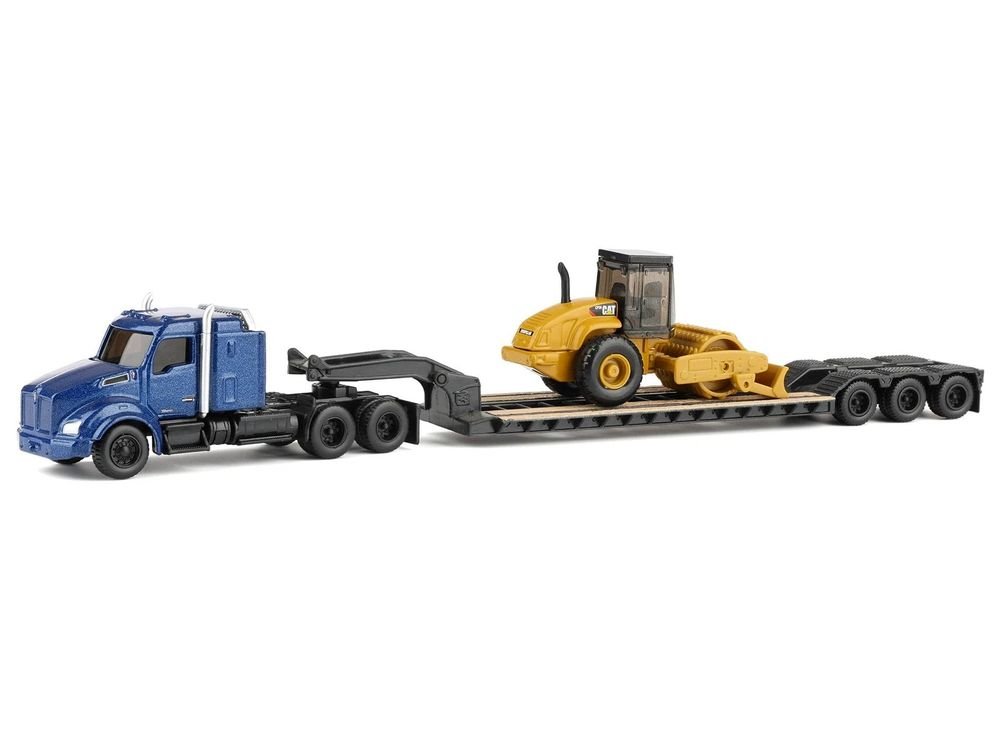 Kenworth T880 Tractor Blue Metallic with Lowboy Trailer and CAT Padfoot Roller Yellow 1/87 (HO) Diecast Model by Diecast Masters view 4