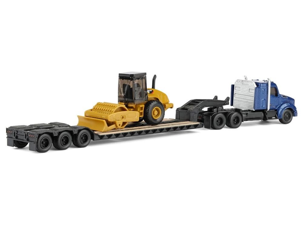 Kenworth T880 Tractor Blue Metallic with Lowboy Trailer and CAT Padfoot Roller Yellow 1/87 (HO) Diecast Model by Diecast Masters view 5