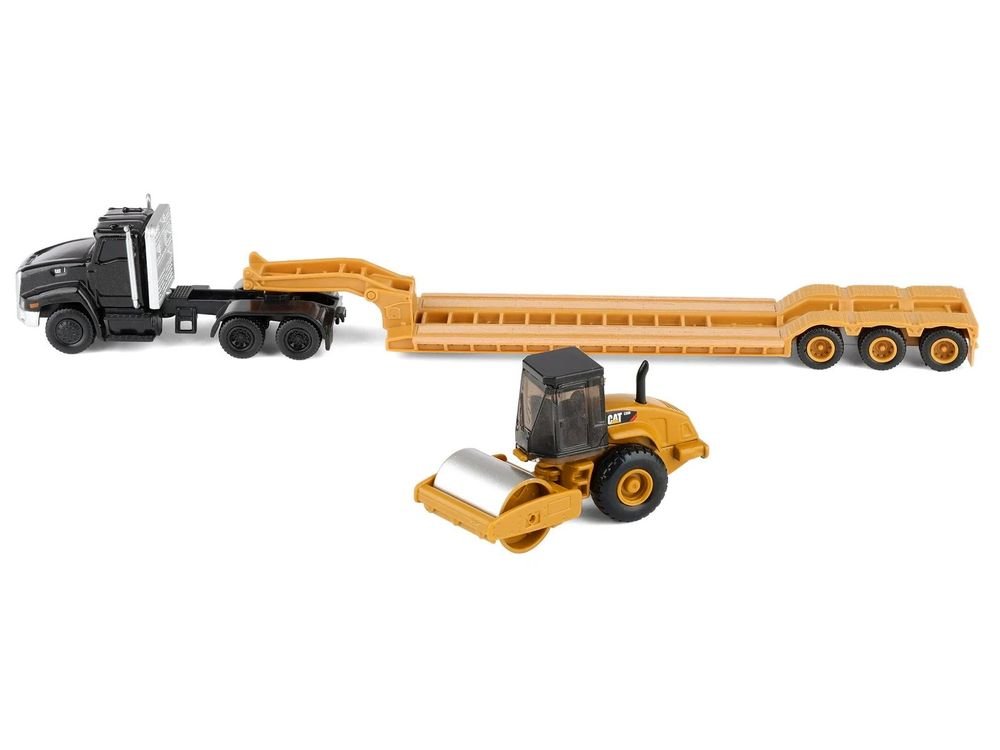 Kenworth T880 Tractor Black with Lowboy Trailer and CAT Roller Yellow 1/87 (HO) Diecast Model by Diecast Masters view 3