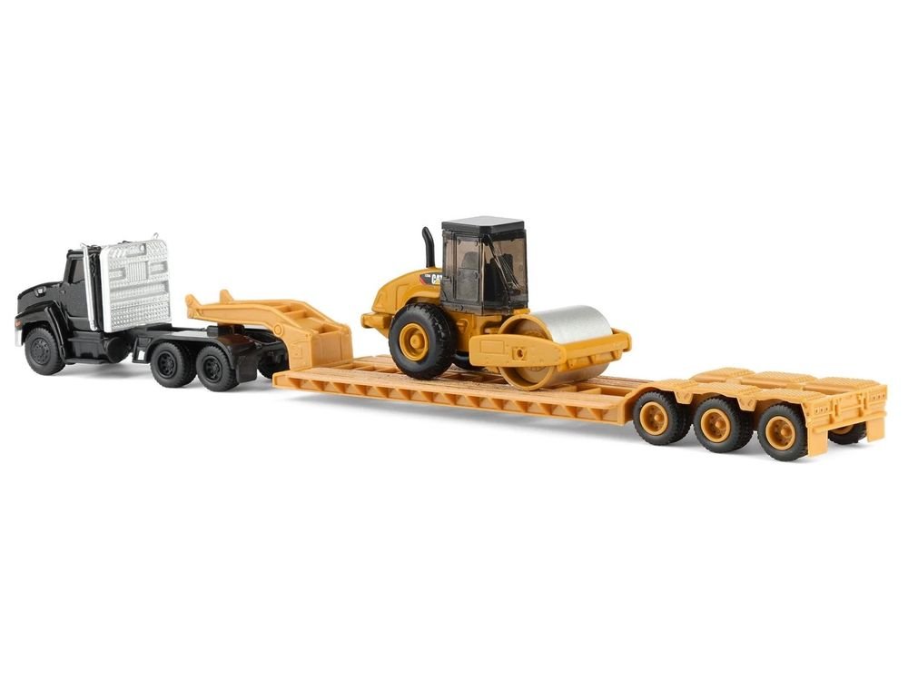Kenworth T880 Tractor Black with Lowboy Trailer and CAT Roller Yellow 1/87 (HO) Diecast Model by Diecast Masters view 4