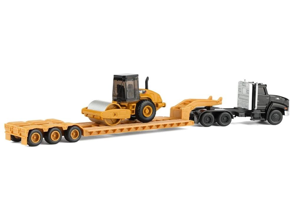 Kenworth T880 Tractor Black with Lowboy Trailer and CAT Roller Yellow 1/87 (HO) Diecast Model by Diecast Masters view 5