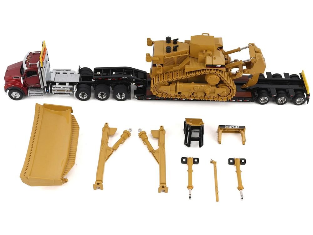 Kenworth T880 Day Cab Red and Trail King TK120 Lowboy Trailer with CAT Caterpillar D11R Dozer and Components Load "Transport Series" 1/50 Diecast Model by Diecast Masters view 2