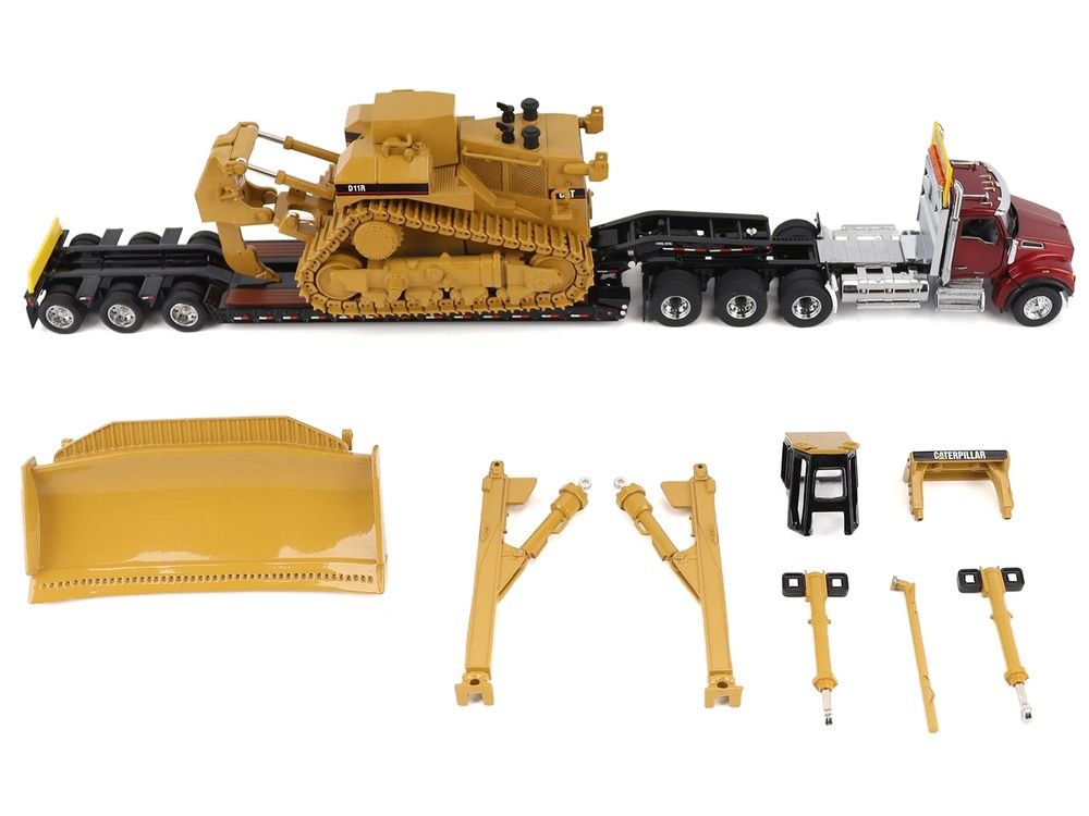 Kenworth T880 Day Cab Red and Trail King TK120 Lowboy Trailer with CAT Caterpillar D11R Dozer and Components Load "Transport Series" 1/50 Diecast Model by Diecast Masters view 4