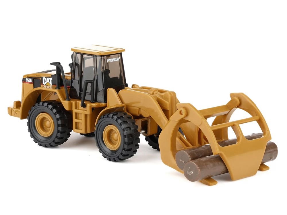 CAT Caterpillar 950G Wheel Loader Yellow with Log Fork and Wood Log Accessories 1/87 (HO) Diecast Model by Diecast Masters view 2