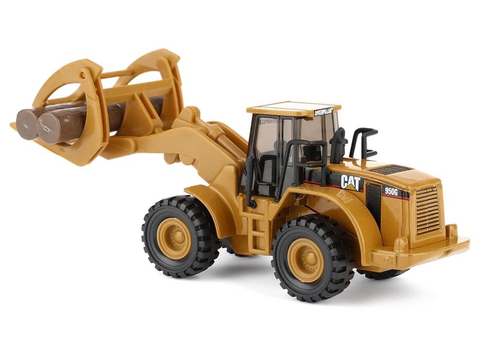 CAT Caterpillar 950G Wheel Loader Yellow with Log Fork and Wood Log Accessories 1/87 (HO) Diecast Model by Diecast Masters view 4