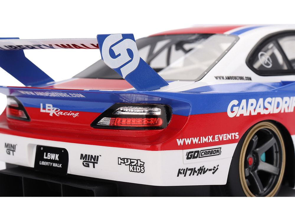 Nissan "LB-Super Silhouette" S15 SILVIA RHD (Right Hand Drive) #12 "GARASIDRIFT" White with Red and Blue Graphics 1/18 Model Car by Top Speed view 3