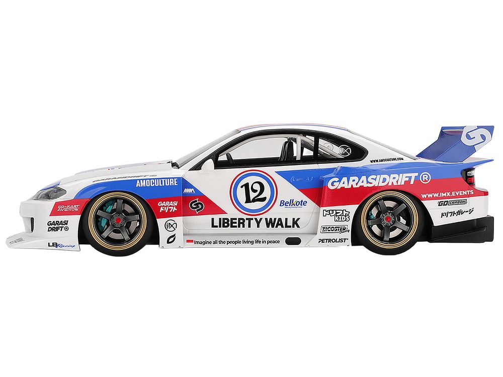 Nissan "LB-Super Silhouette" S15 SILVIA RHD (Right Hand Drive) #12 "GARASIDRIFT" White with Red and Blue Graphics 1/18 Model Car by Top Speed view 4