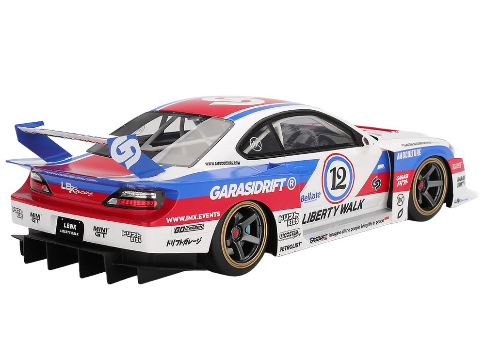 Nissan "LB-Super Silhouette" S15 SILVIA RHD (Right Hand Drive) #12 "GARASIDRIFT" White with Red and Blue Graphics 1/18 Model Car by Top Speed view 5