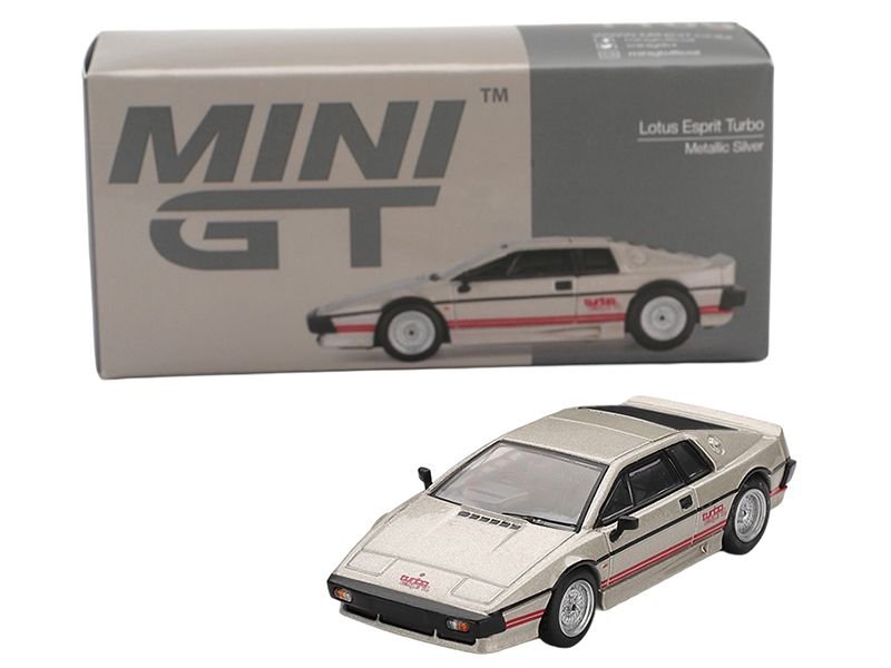 Lotus Esprit Turbo Silver Metallic with Red Stripes Limited Edition 1/64 Diecast Model Car by Mini GT view 4