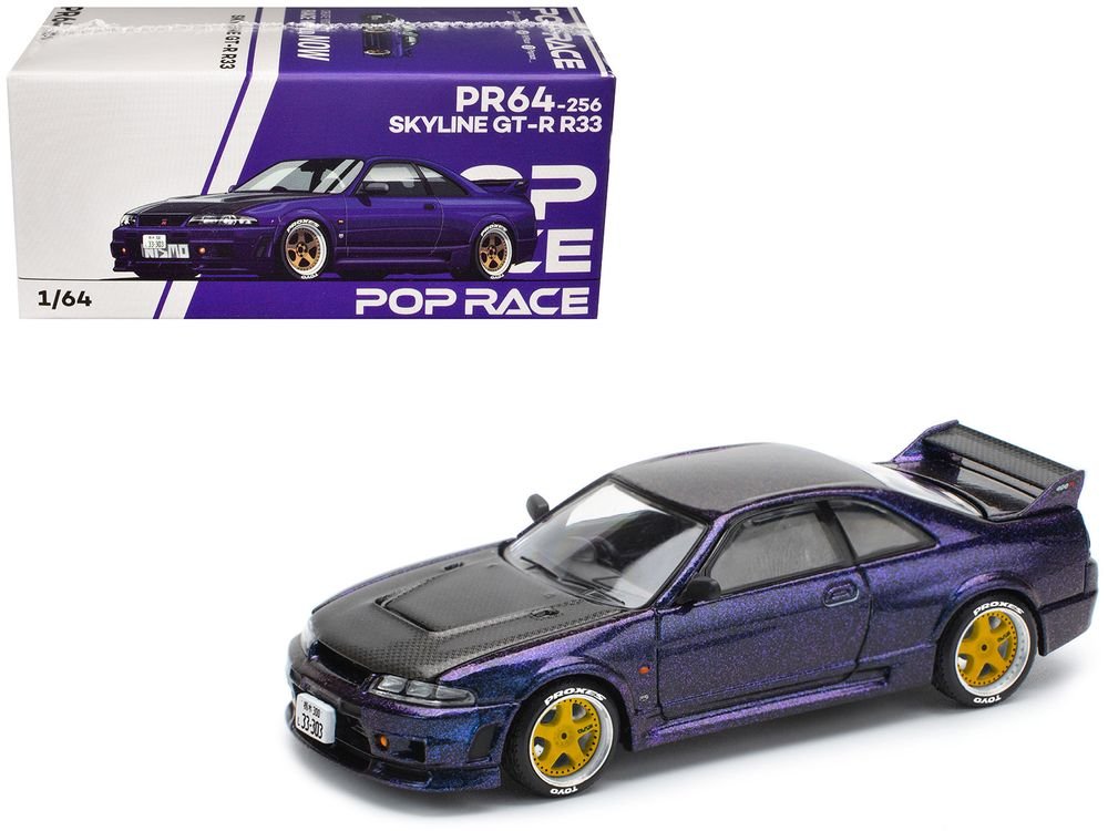 Skyline GT-R (R33) RHD (Right Hand Drive) Midnight Purple Metallic with Carbon Hood 1/64 Diecast Model Car by Pop Race