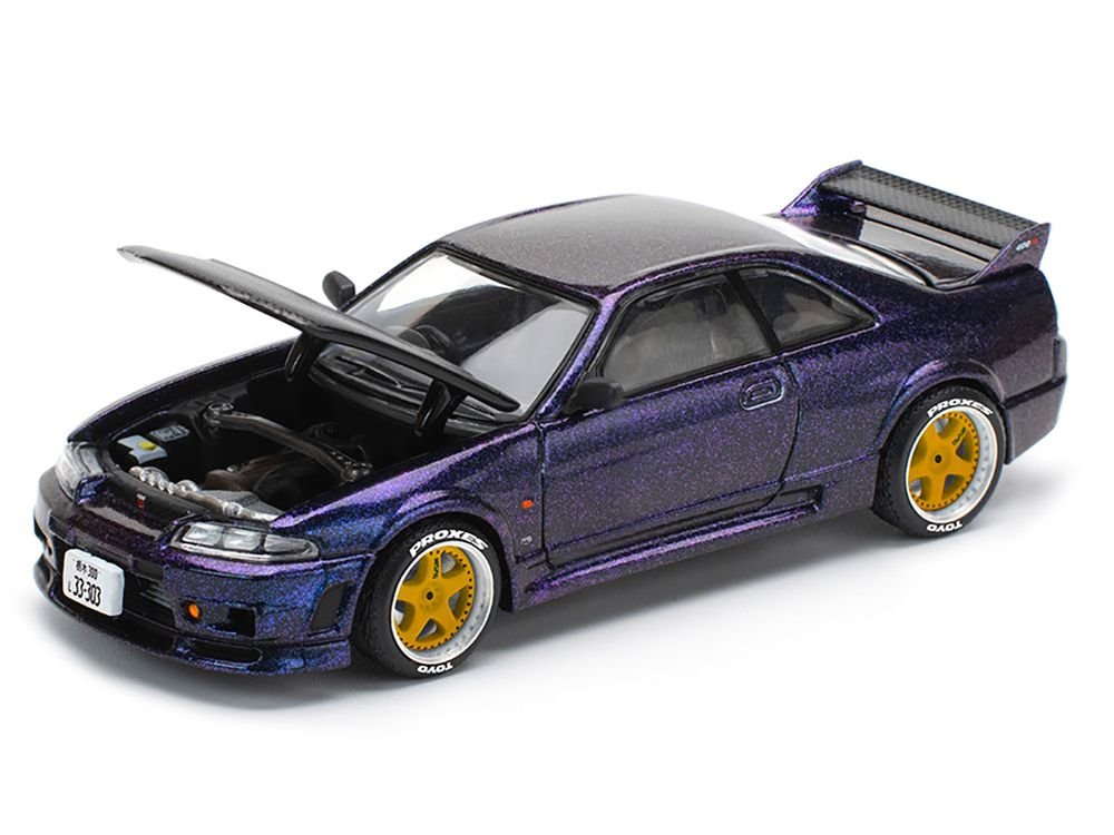 Skyline GT-R (R33) RHD (Right Hand Drive) Midnight Purple Metallic with Carbon Hood 1/64 Diecast Model Car by Pop Race view 2