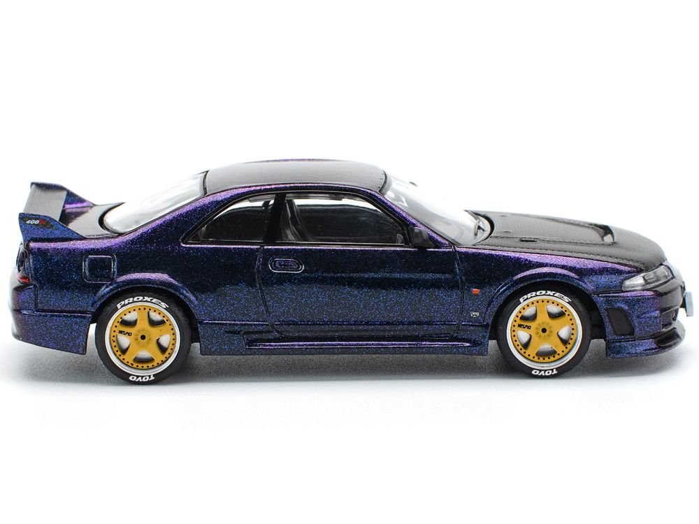 Skyline GT-R (R33) RHD (Right Hand Drive) Midnight Purple Metallic with Carbon Hood 1/64 Diecast Model Car by Pop Race view 3