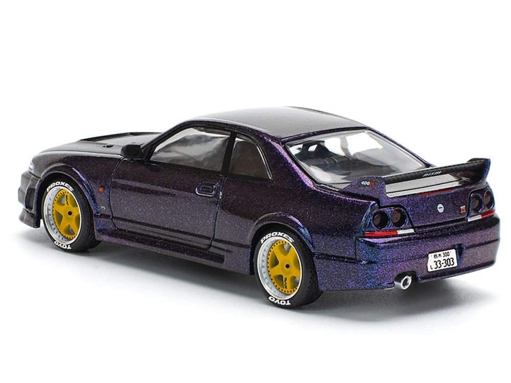 Skyline GT-R (R33) RHD (Right Hand Drive) Midnight Purple Metallic with Carbon Hood 1/64 Diecast Model Car by Pop Race view 4