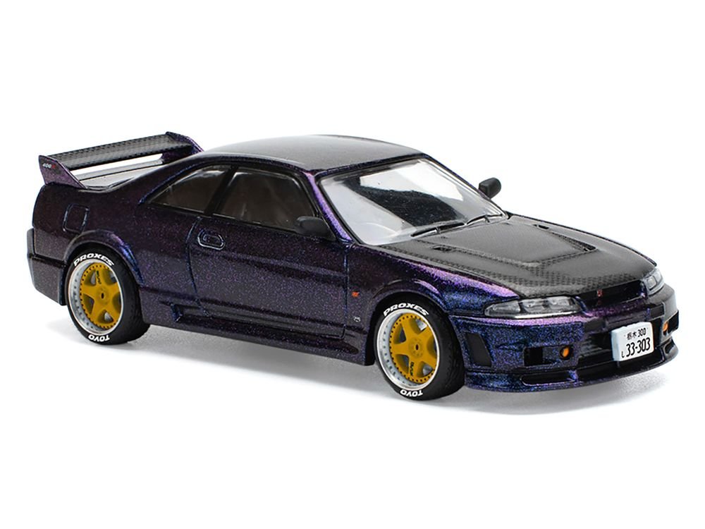 Skyline GT-R (R33) RHD (Right Hand Drive) Midnight Purple Metallic with Carbon Hood 1/64 Diecast Model Car by Pop Race view 5
