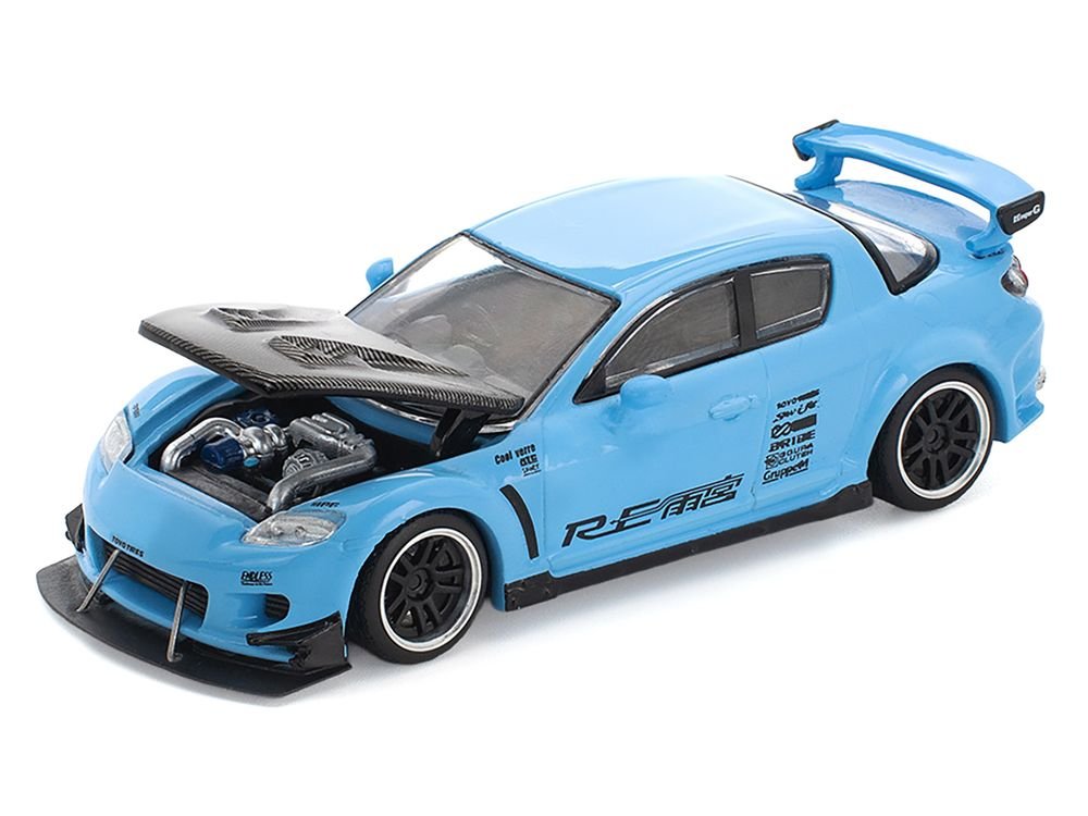 Mazda RX8 RE-Amemiya Widebody RHD (Right Hand Drive) Light Blue with Carbon Hood 1/64 Diecast Model Car by Pop Race view 2