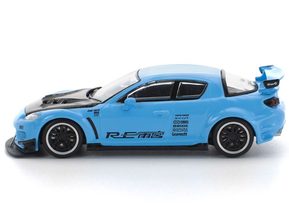 Mazda RX8 RE-Amemiya Widebody RHD (Right Hand Drive) Light Blue with Carbon Hood 1/64 Diecast Model Car by Pop Race view 3