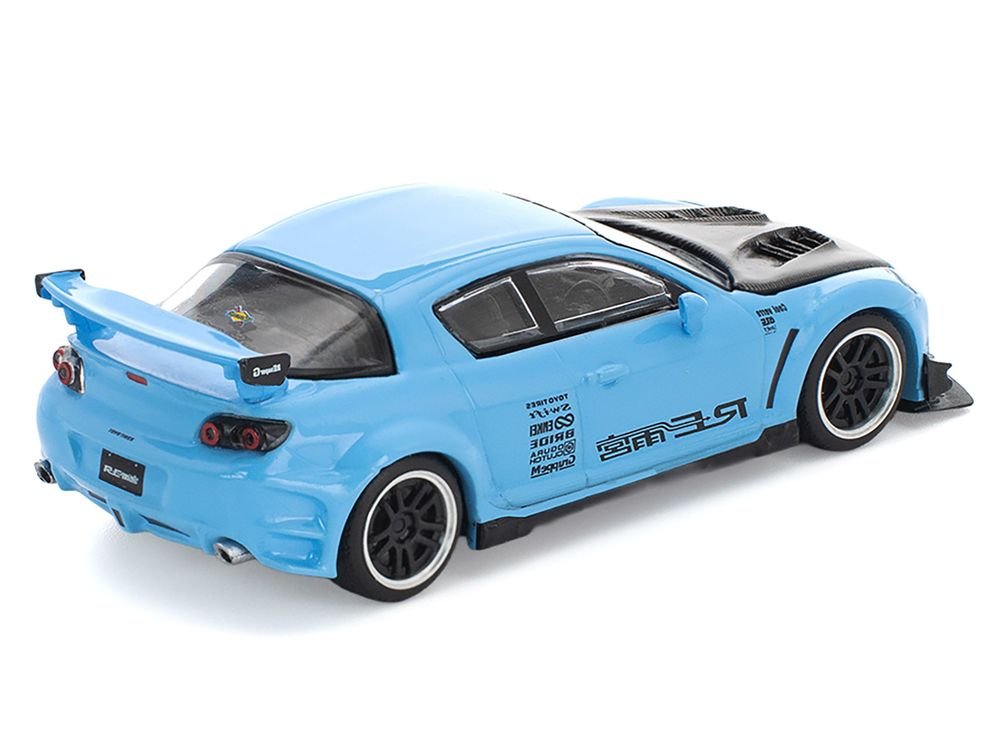 Mazda RX8 RE-Amemiya Widebody RHD (Right Hand Drive) Light Blue with Carbon Hood 1/64 Diecast Model Car by Pop Race view 4