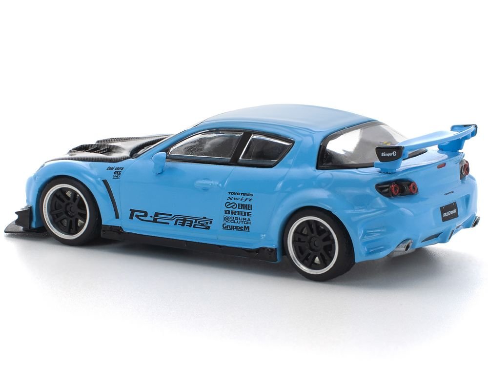 Mazda RX8 RE-Amemiya Widebody RHD (Right Hand Drive) Light Blue with Carbon Hood 1/64 Diecast Model Car by Pop Race view 5