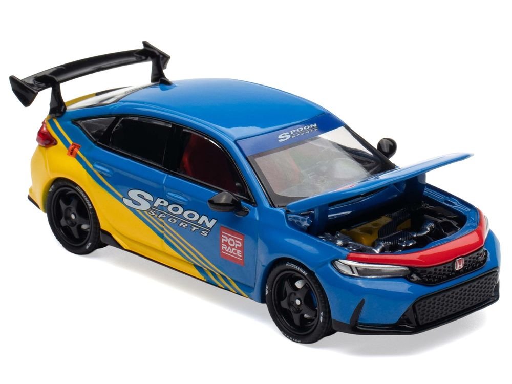 Honda Civic Type R FL5 "Spoon Sports" Blue and Yellow "Tokyo Auto Salon - Hong Kong 2025" 1/64 Diecast Model Car by Pop Race view 2