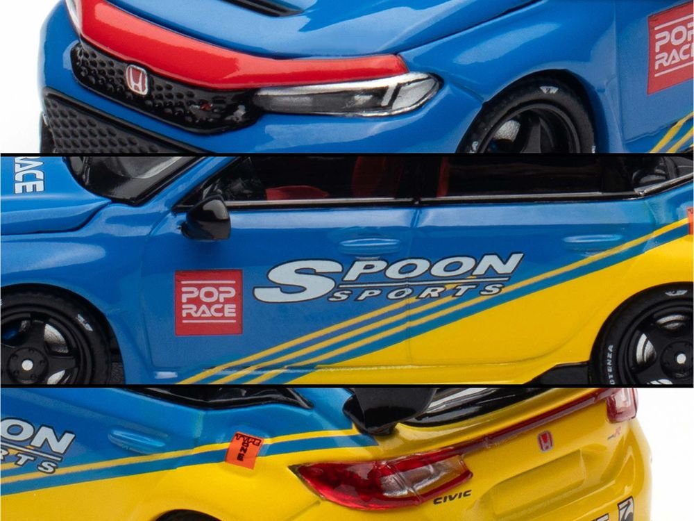 Honda Civic Type R FL5 "Spoon Sports" Blue and Yellow "Tokyo Auto Salon - Hong Kong 2025" 1/64 Diecast Model Car by Pop Race view 3