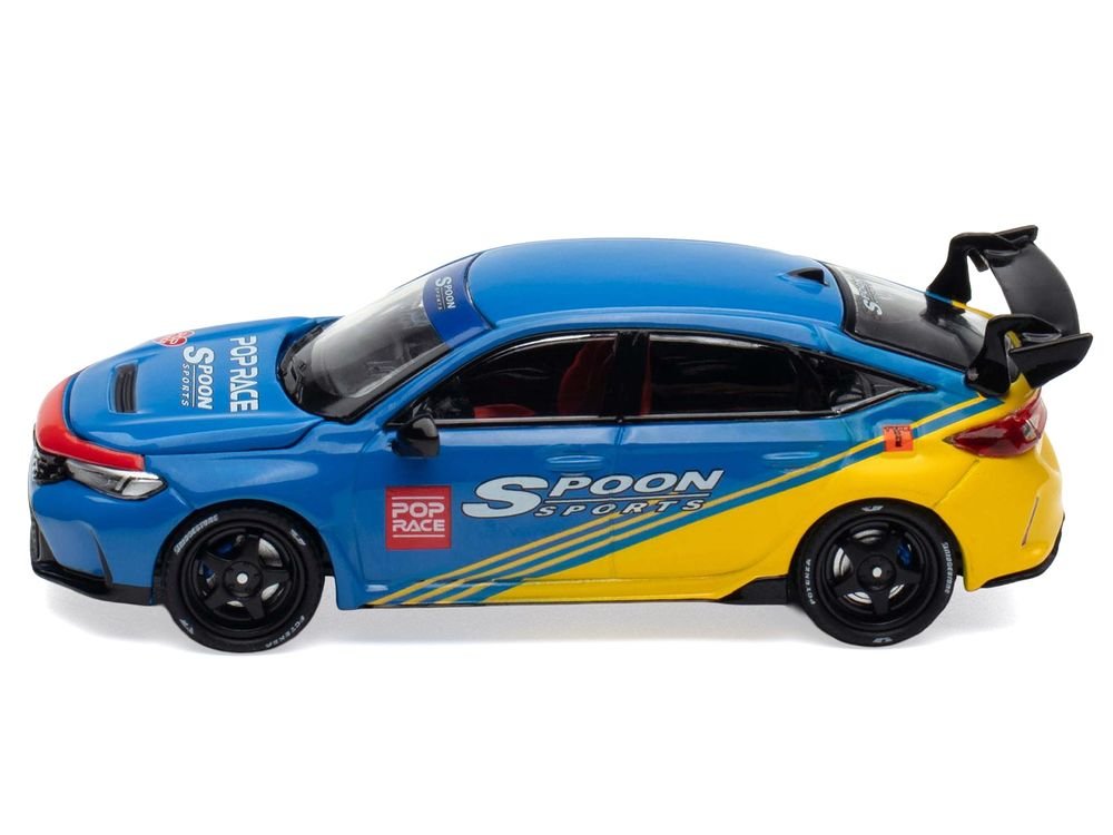 Honda Civic Type R FL5 "Spoon Sports" Blue and Yellow "Tokyo Auto Salon - Hong Kong 2025" 1/64 Diecast Model Car by Pop Race view 4
